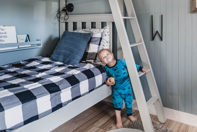 Boys Shared Bedroom Reveal with painted beds, shiplap and nordic style