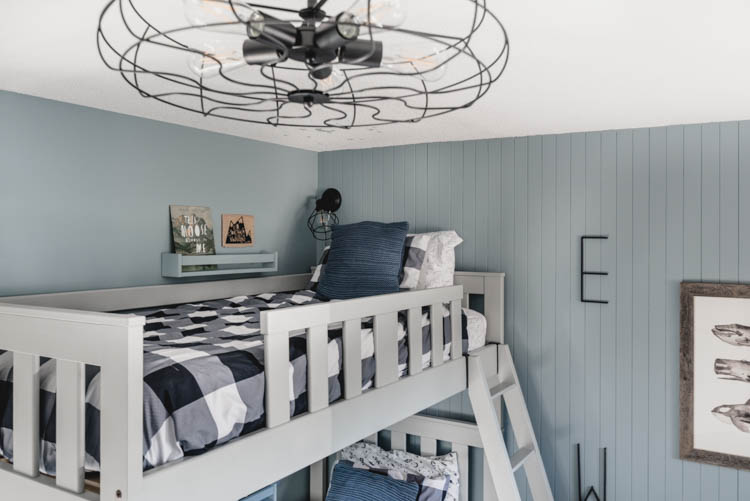 Industrial light in a boys shared bedroom- love how masculine it is!
