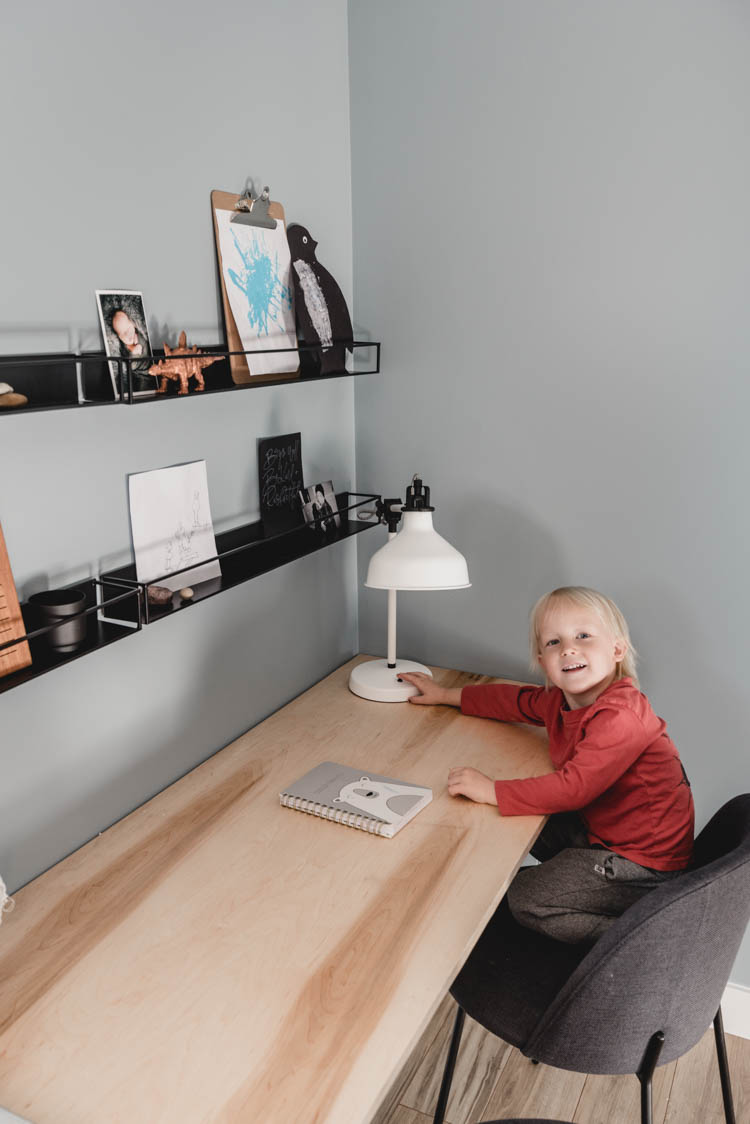 Modern DIY Built in desk for two- love the waterfall edge!