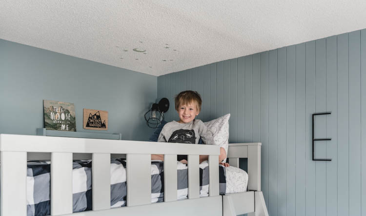 Wall Mounted bookshelves for bunk bed night stands- love the reading light too!