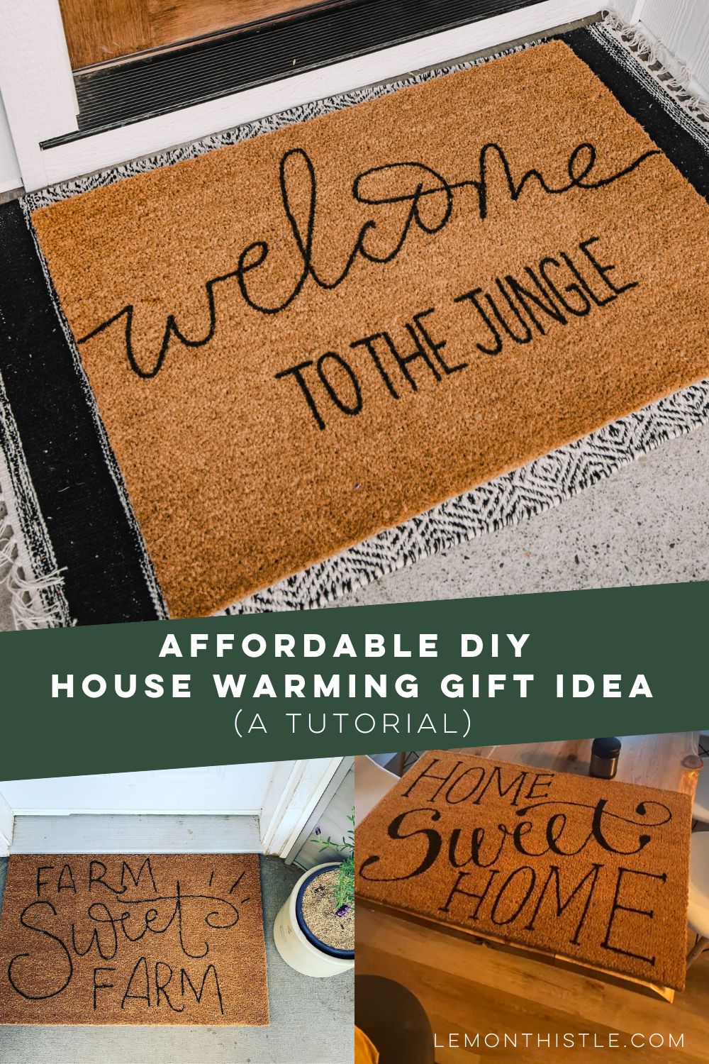 Affordable DIY house warming gift idea (and tutorial) images of 3 finished hand lettered coir door mats
