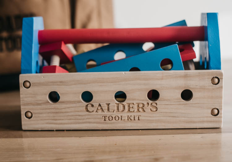 Love the personalized wooden tool kit for a toddler! Perfect so they can tag along with dad