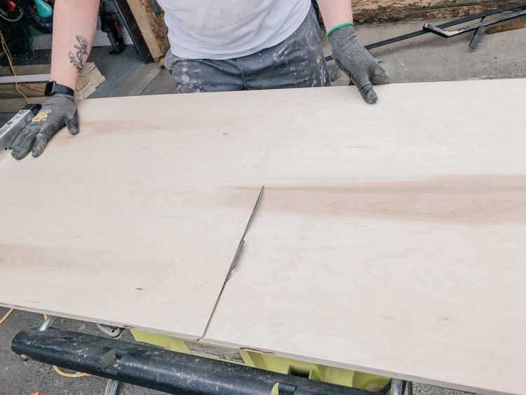 Cutting plywood with a miter edge for a waterfall top desk