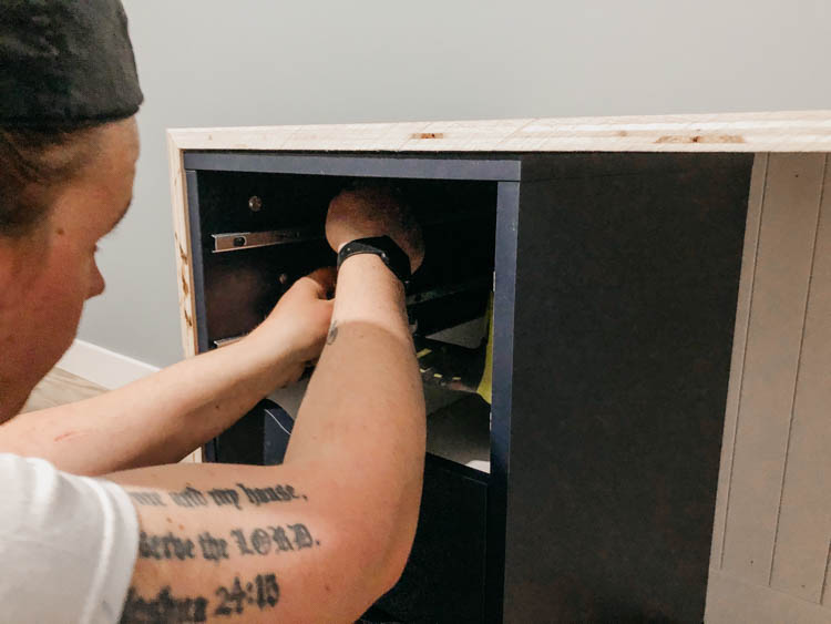 Attaching the waterfall plywood top to the IKEA alex cabinets for a built in double desk