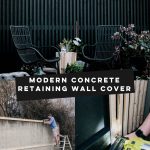 diy concrete retaining wall cover tutorial - pin image with finished project and two process images
