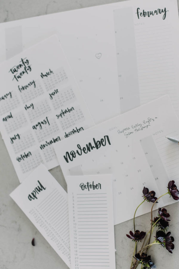 5 formats of free printable 2020 calendars! All hand lettered, modern and minimalist.