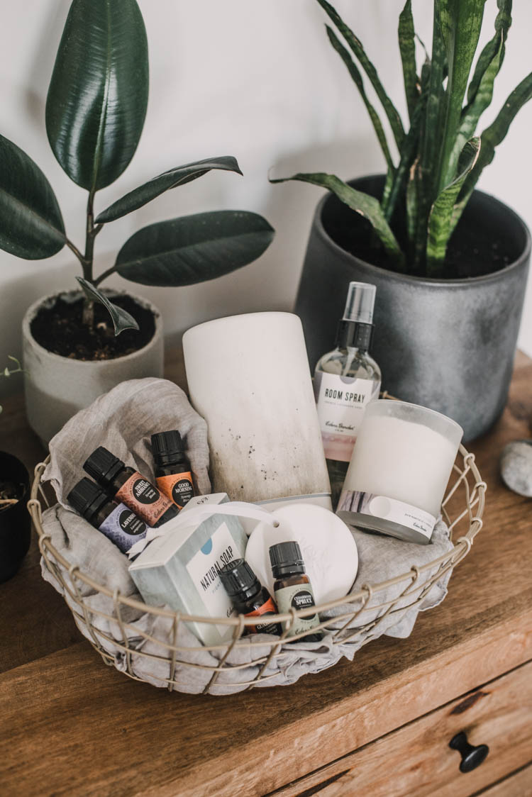 essential oils themed new home gift basket
