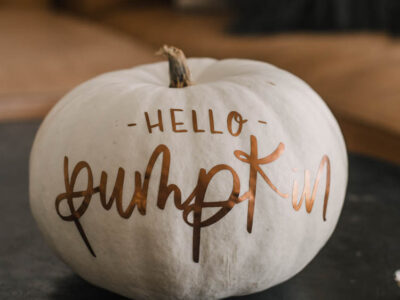 Matte metallic pumpkin with 'hello pumpkin' hand lettered design (free cut file)