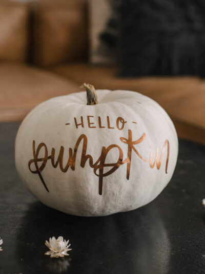 Matte metallic pumpkin with 'hello pumpkin' hand lettered design (free cut file)