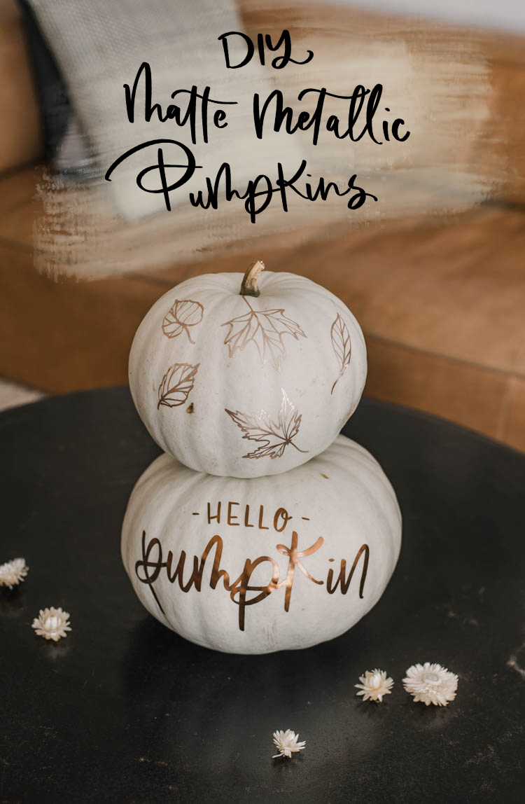 image of stacked matte metallic pumpkins with text overlay
