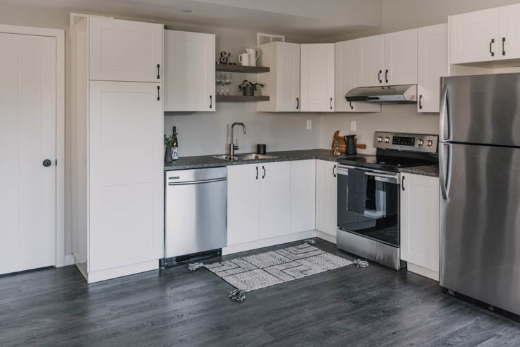 Black and white basement kitchen decor