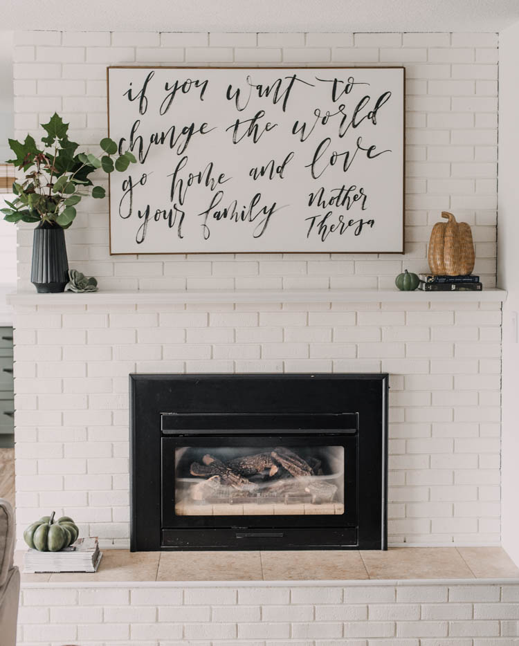 Simple Fall Mantel Decor with black, white and natural details