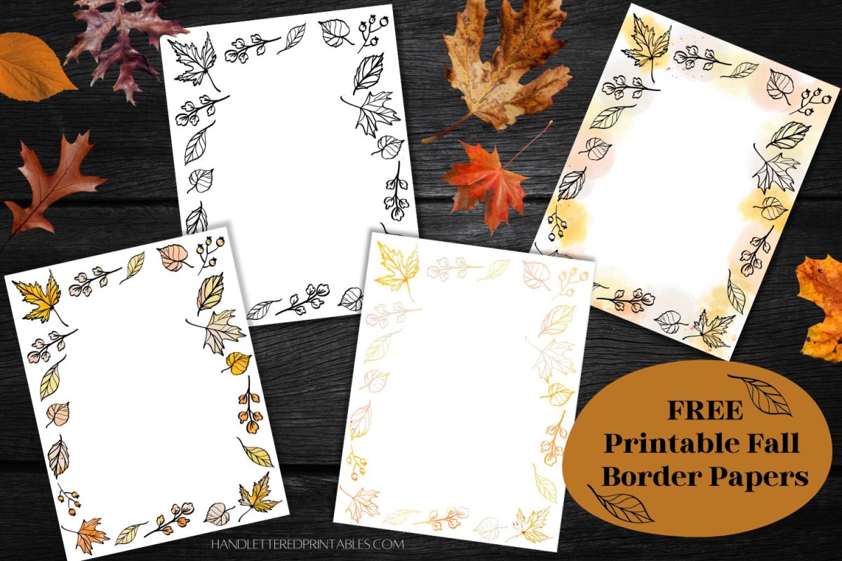 free fall printable borders (showing all four designs printed on black wood slab with autumn leaves)