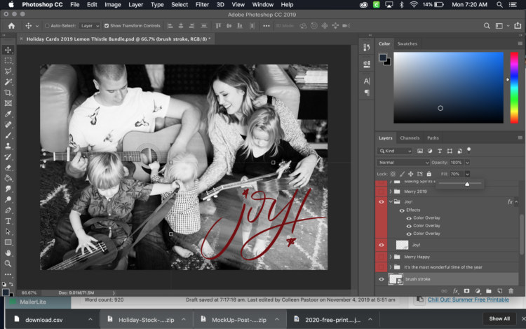 How to change the transparency of an overlay in photoshop (simple holiday card tutorial)