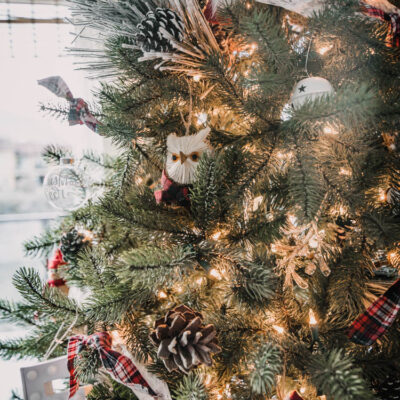 Woodlands animals and red plaid christmas tree decorations