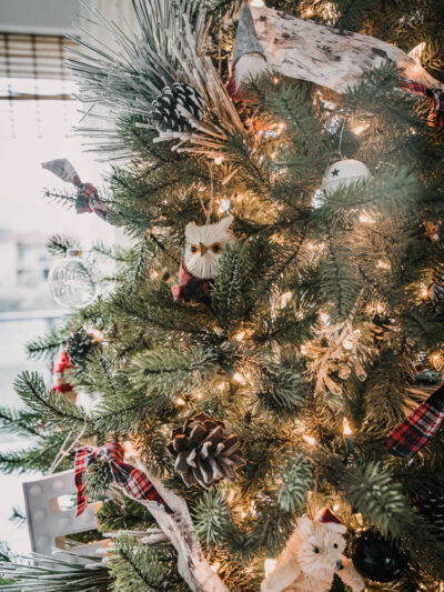 Woodlands animals and red plaid christmas tree decorations