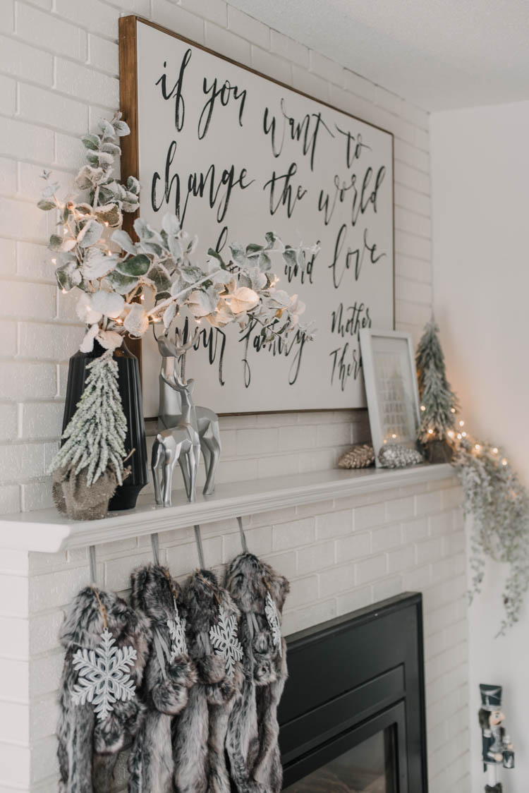 Modern holiday mantel ideas... full of black, white, metallics, and frosted greenery