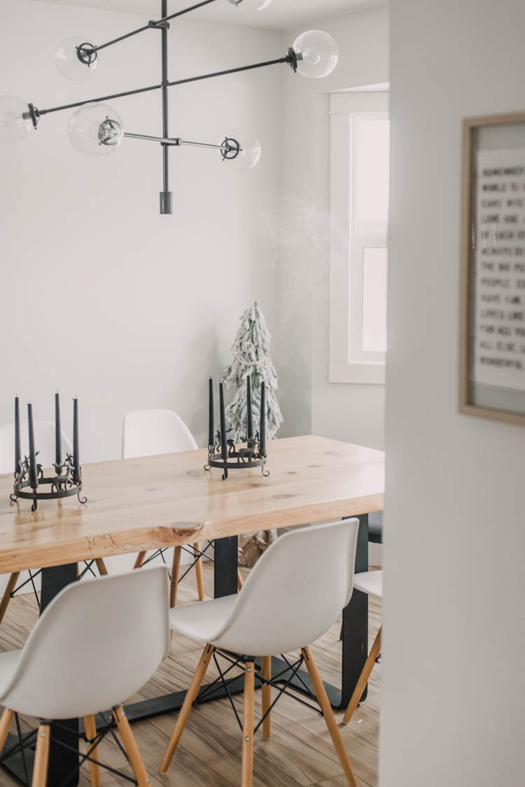 Simple modern dining room decorated for Christmas