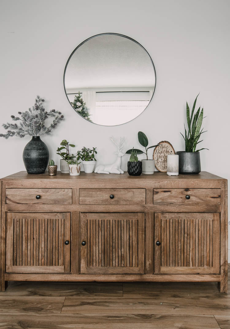 Living room console full of plants for the holidays!