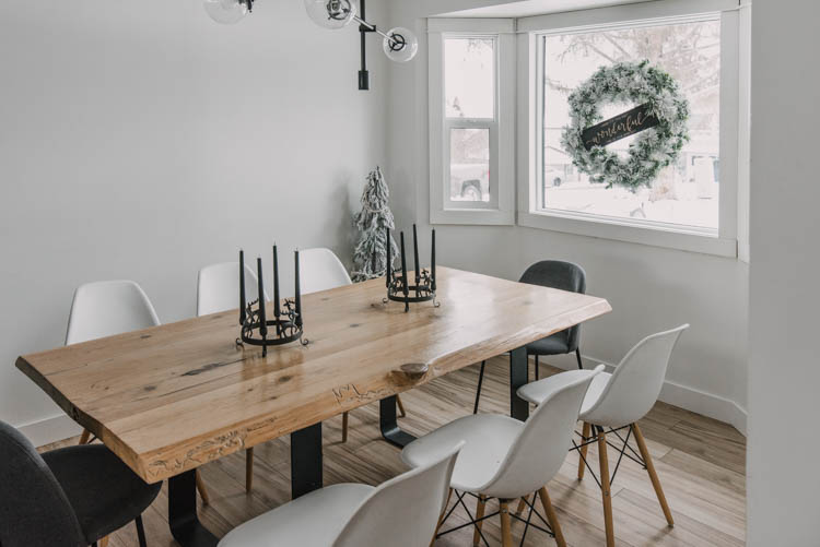 Simple modern dining room decorated for Christmas