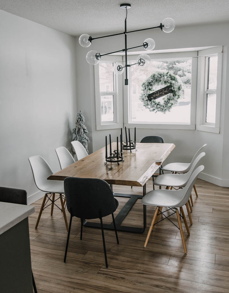 Simple modern dining room decorated for Christmas