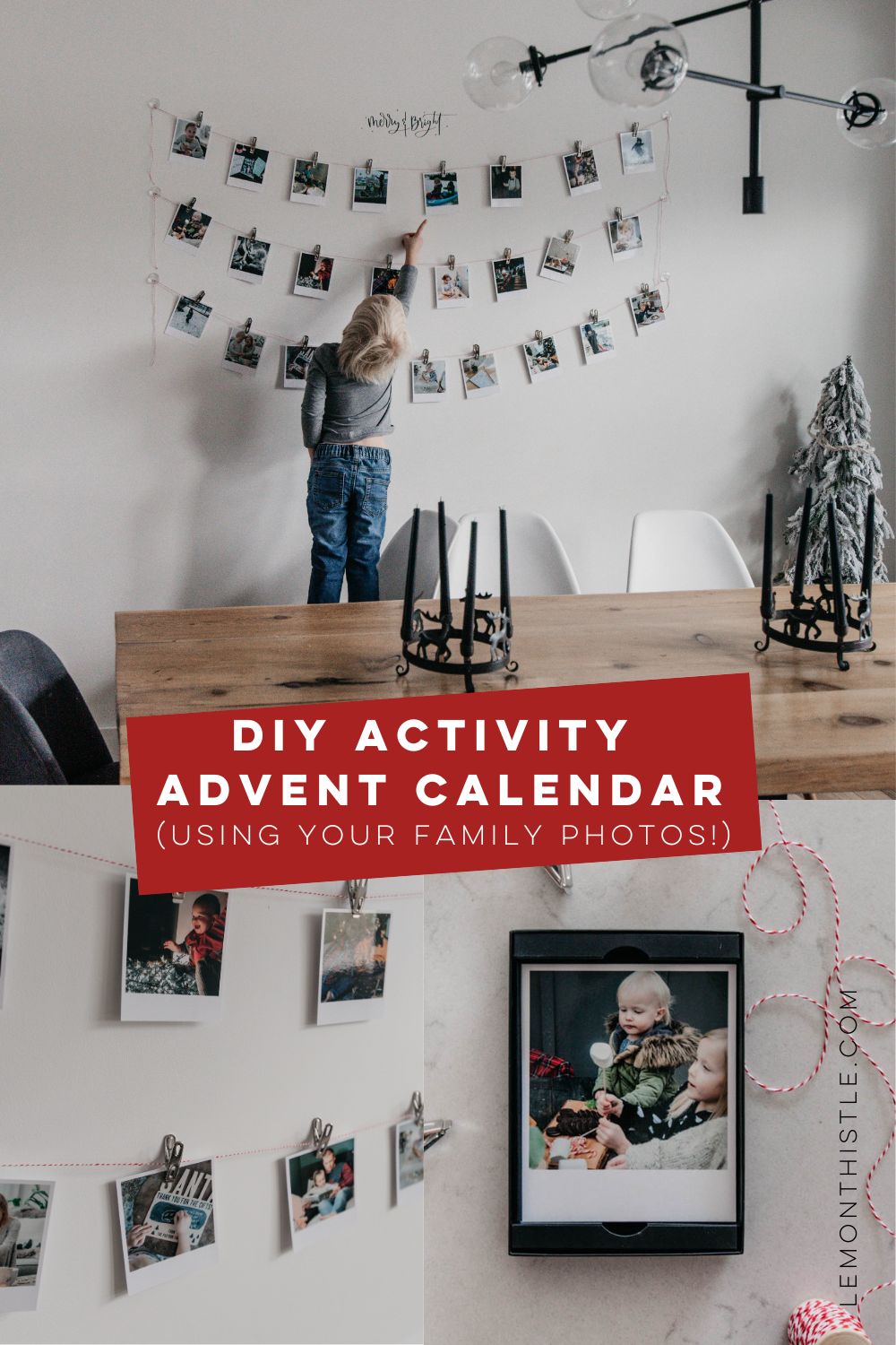 photo activity advent calendar hung on dining room wall, each photo as an activity
