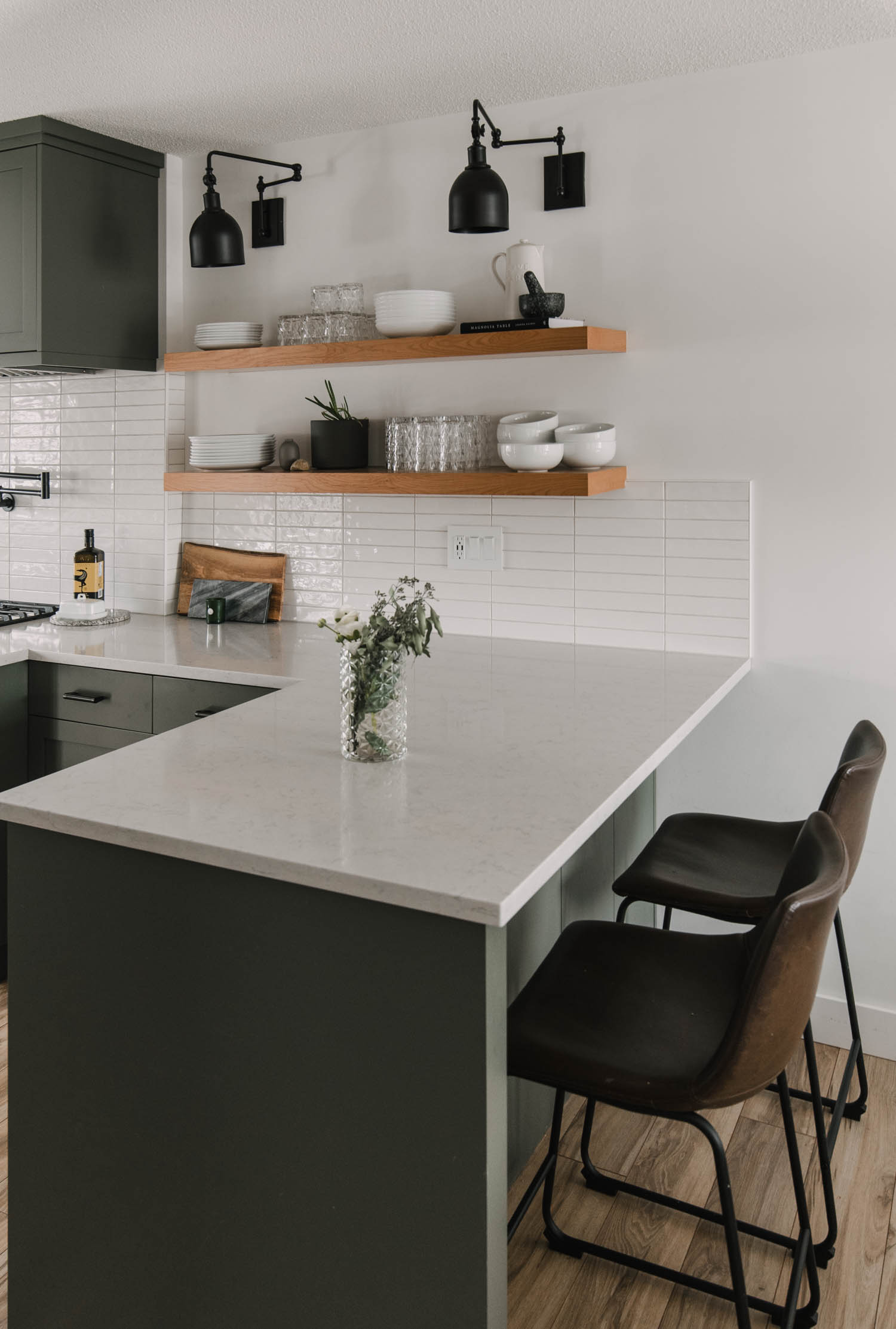 Modern kitchen remodel with long open shelves