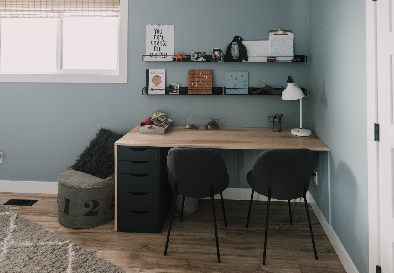 Shared Boys Bedroom with lots of room to create at a built in desk