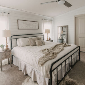 DIY Farmhouse Bedroom Makeover with shiplap walls and linen bedding
