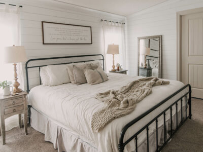 DIY Farmhouse Bedroom Makeover with shiplap walls and linen bedding