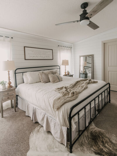 DIY Farmhouse Bedroom Makeover with shiplap walls and linen bedding