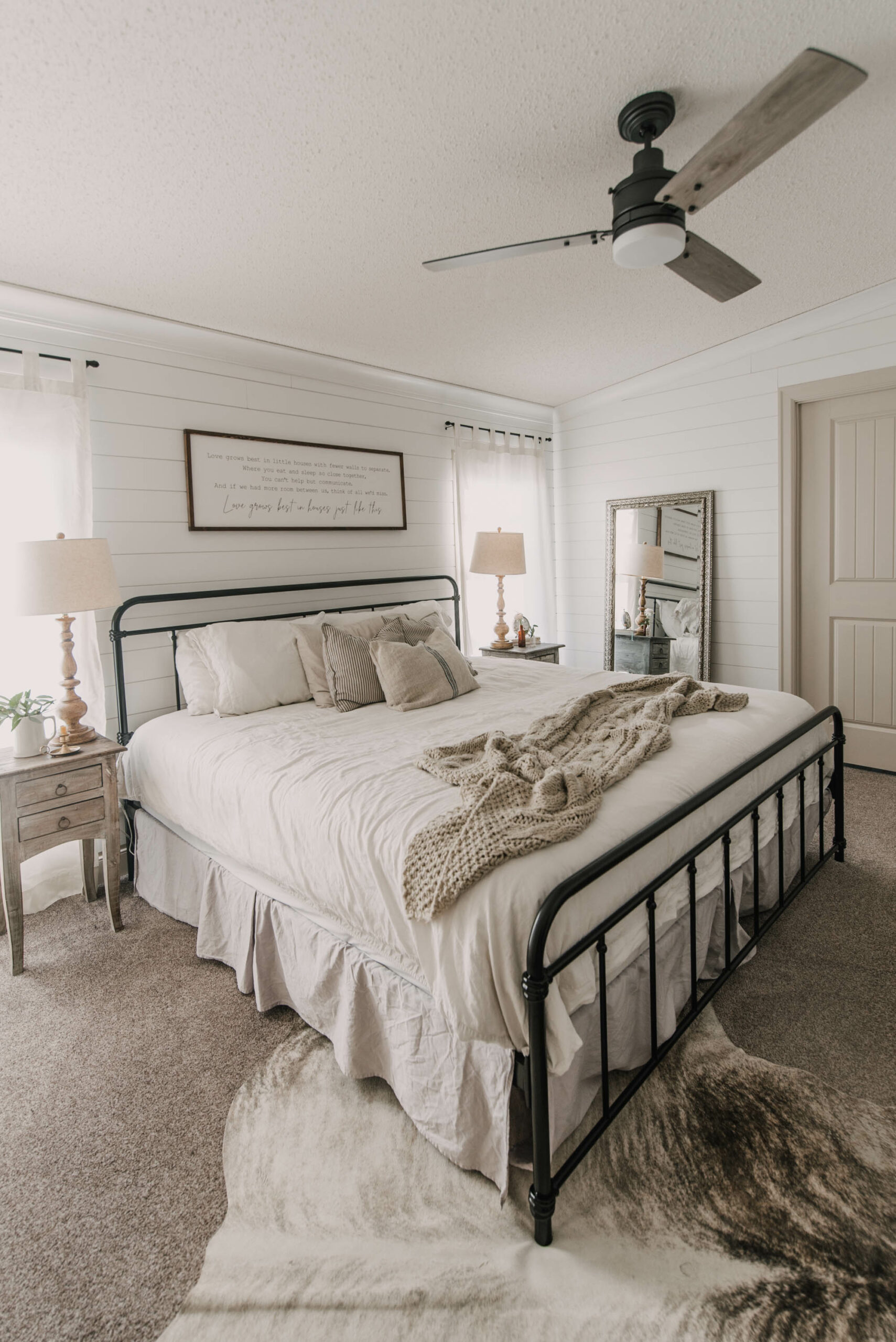 DIY Farmhouse Bedroom Makeover with shiplap walls and linen bedding