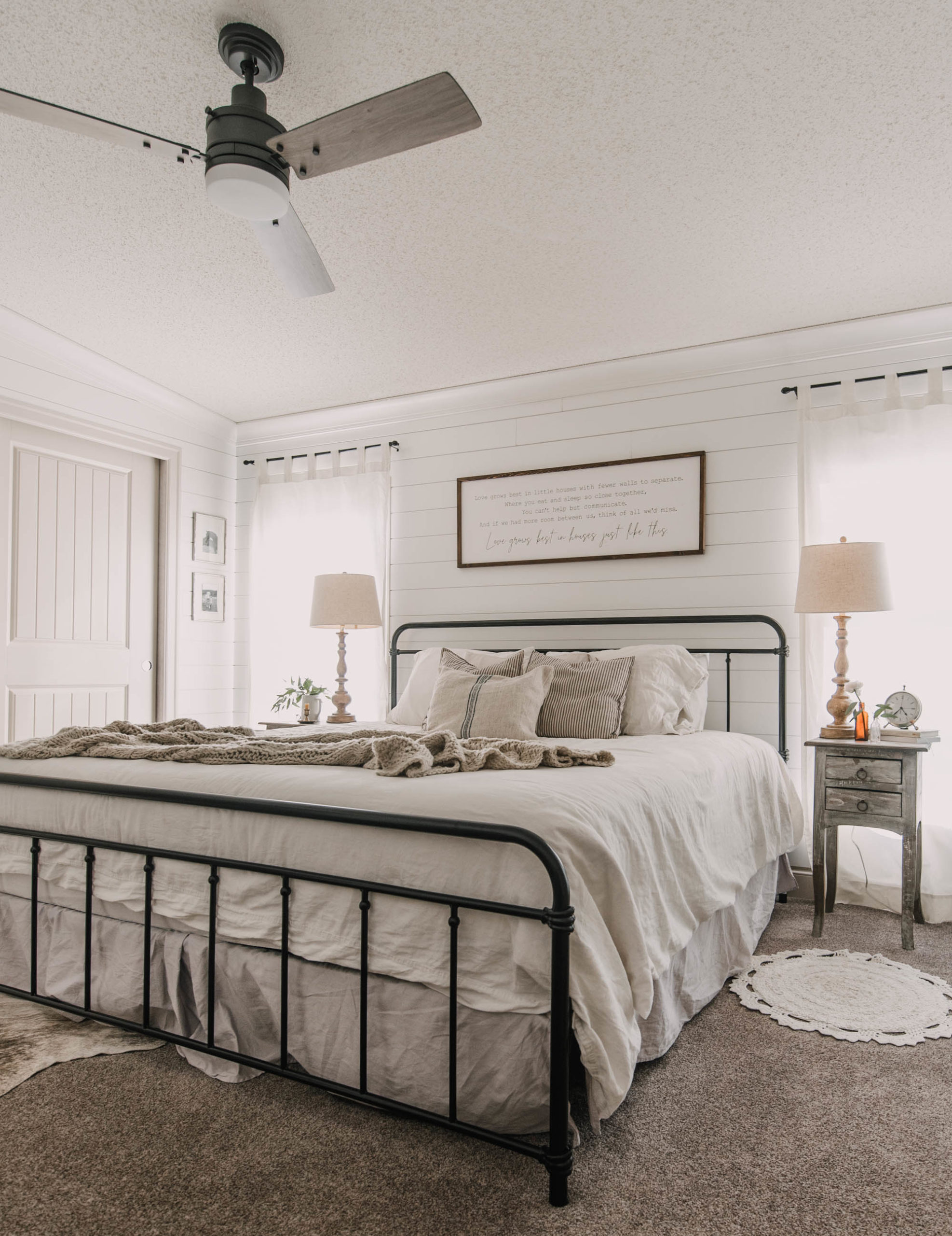 DIY Farmhouse Bedroom Makeover with shiplap walls and linen bedding