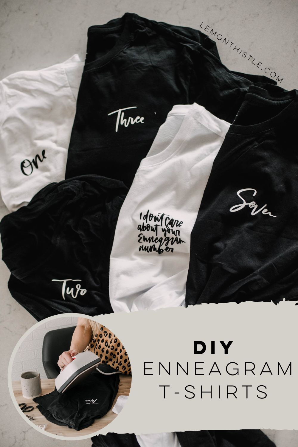 DIY Enneagram T-Shirts (pin image with text overlay and process image)