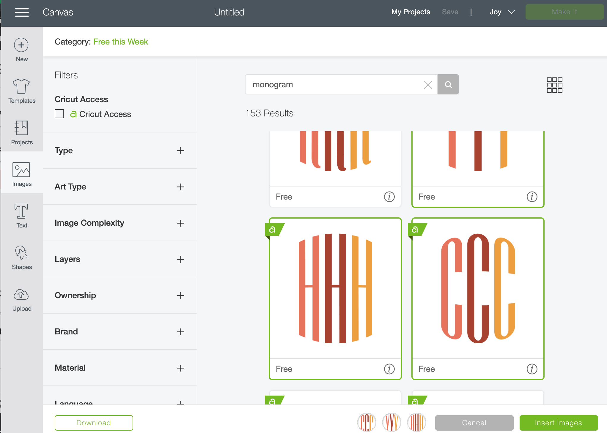 How to find the right letter when looking for a Monogram in design space