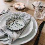 Tart pans as place cards- Love the bold brush lettering on the watercolor paper