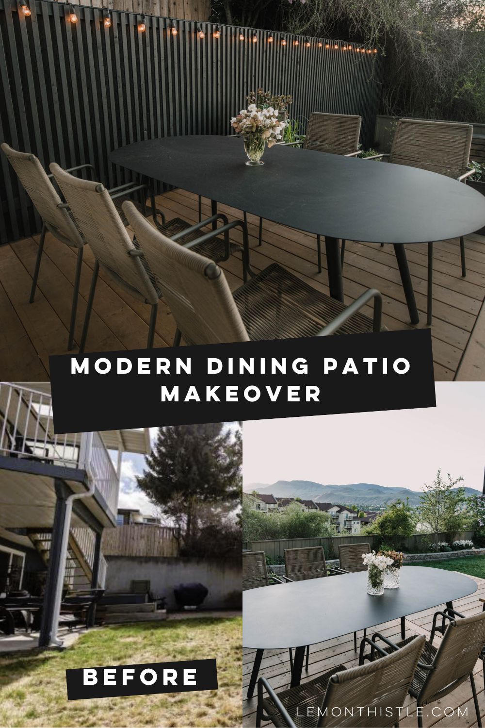 modern patio makeover with a black outdoor dining table