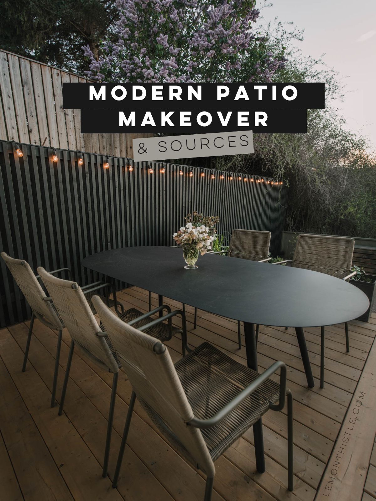 modern patio makeover with a black outdoor dining table