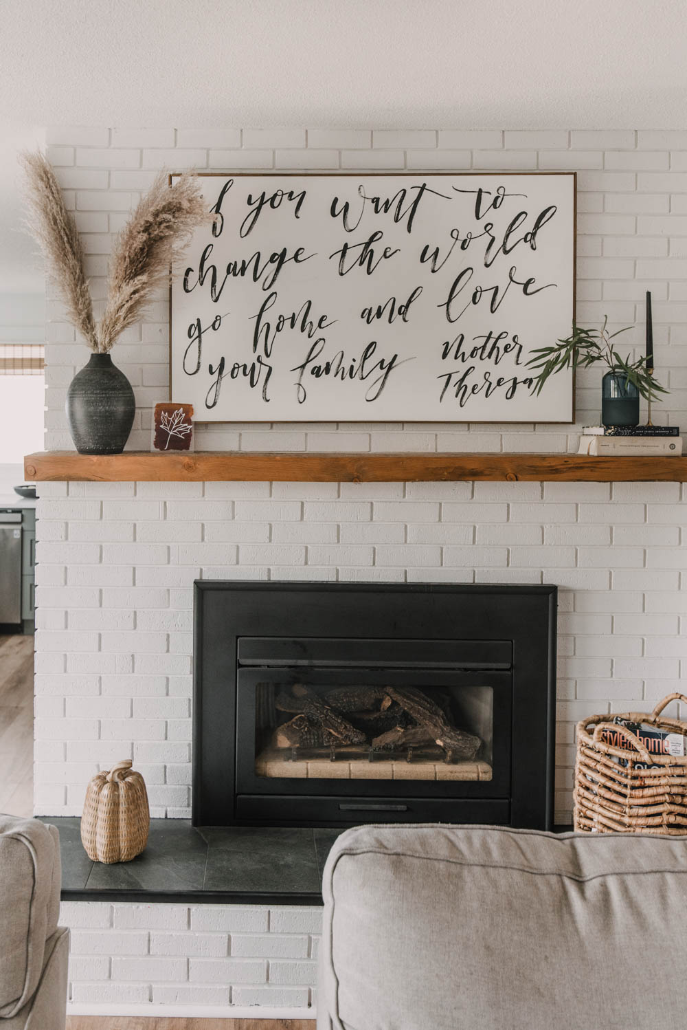 Neutral autumn mantel decor