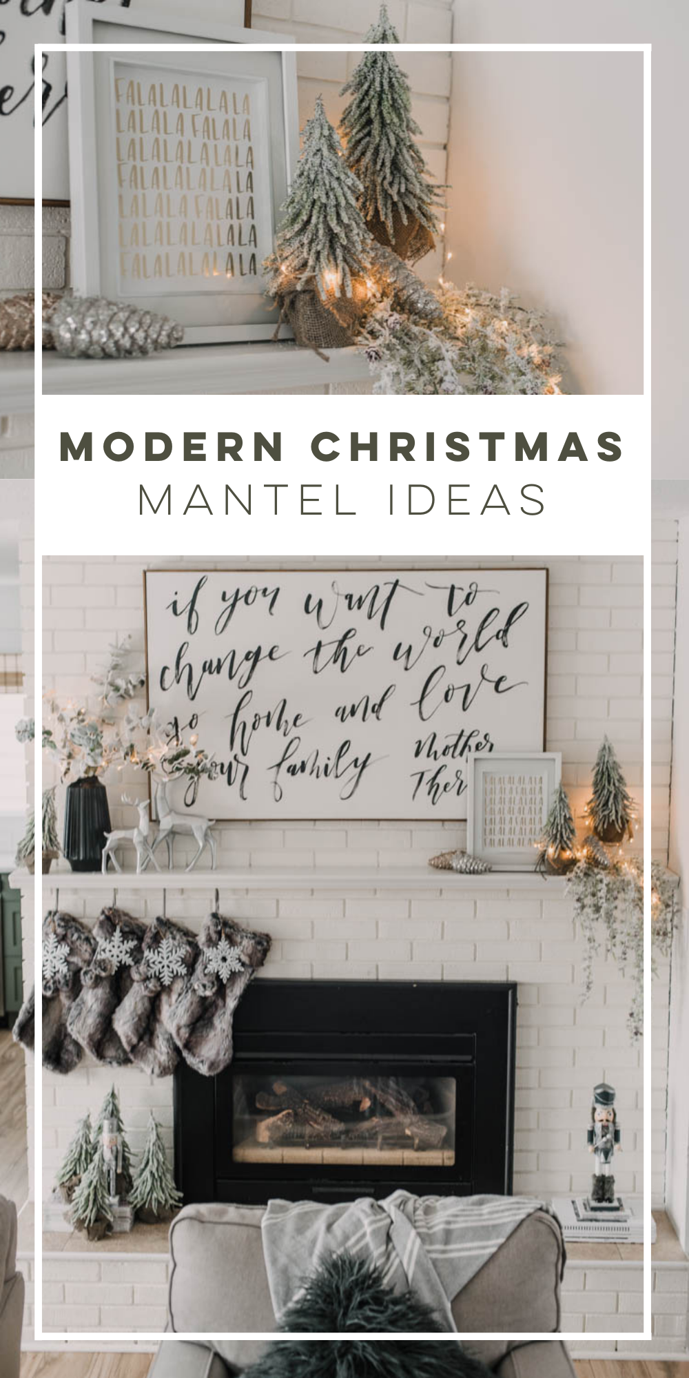 Modern holiday mantel ideas... full of black, white, metallics, and frosted greenery