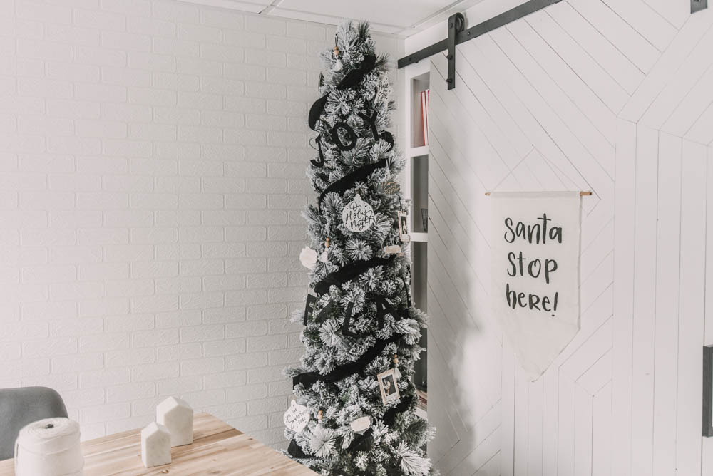 Modern black and white flocked christmas tree decor