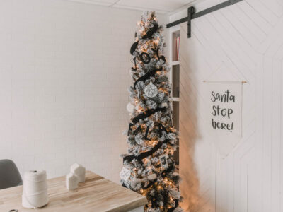 Modern black and white flocked christmas tree decor