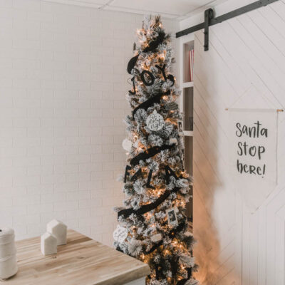 Modern black and white flocked christmas tree decor