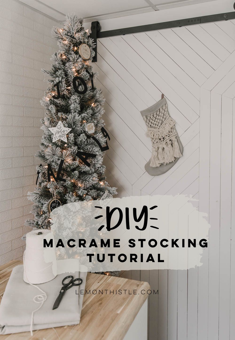 DIY Macrame Stocking tutorial text over image of stocking hung by skinny christmas tree