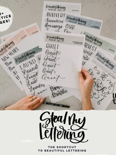 printed practice sheets with text overlay: steal my lettering, the shortcut to beautiful lettering (140+ pages)