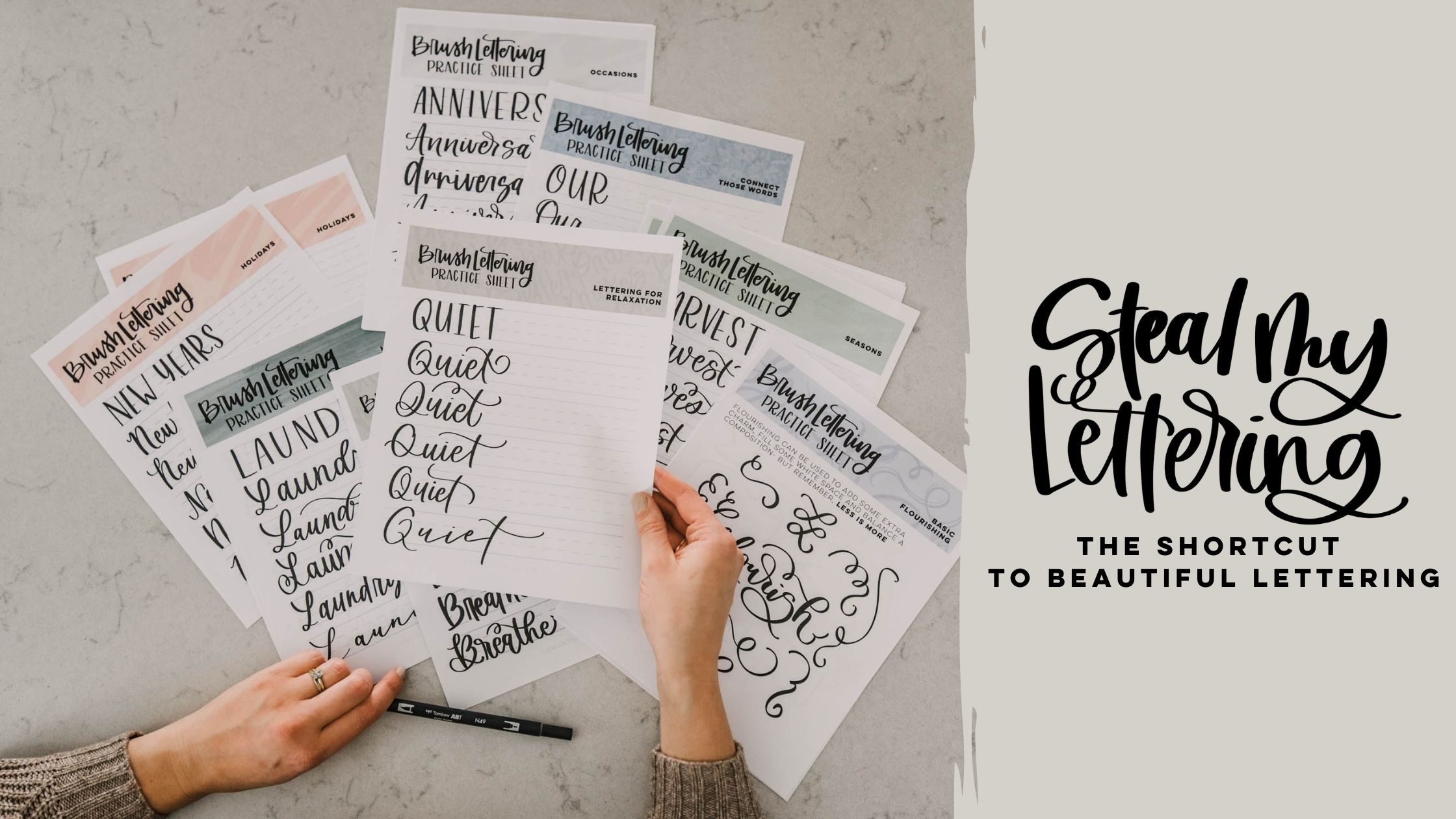 cover image of printed practice sheets with text overlay: steal my lettering, The shortcut to beautiful lettering