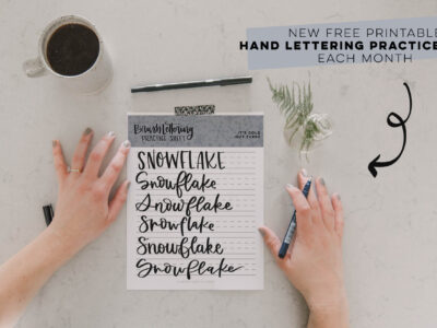 printed snowflake brush lettering practice page with text overlay: Free Printable Practice Sheet