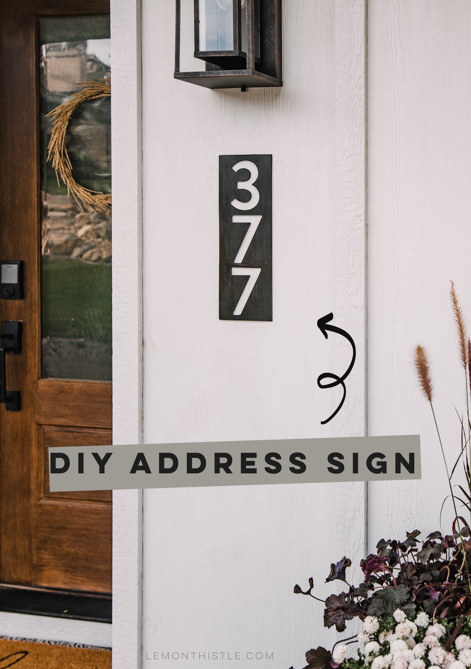 black modern address sign on white house with text overlay: DIY Address Sign