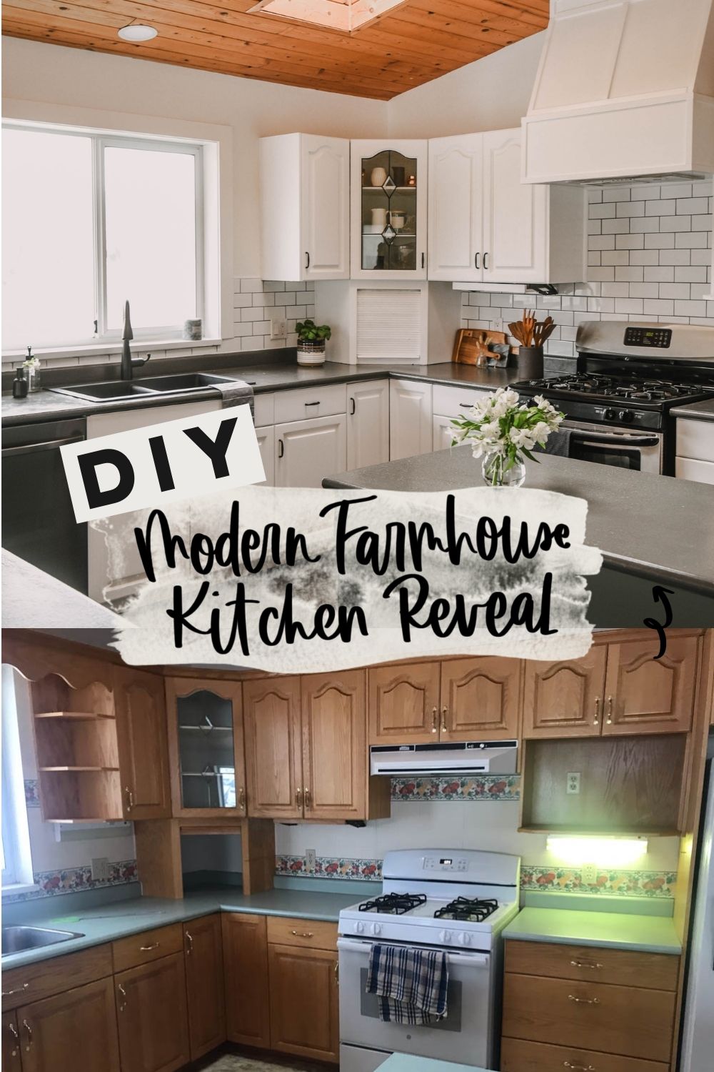 Modern Farmhouse Kitchen Makeover before and after with text overlay