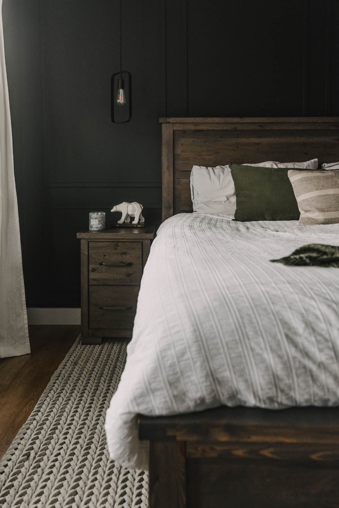 White Bedding, black bedroom design